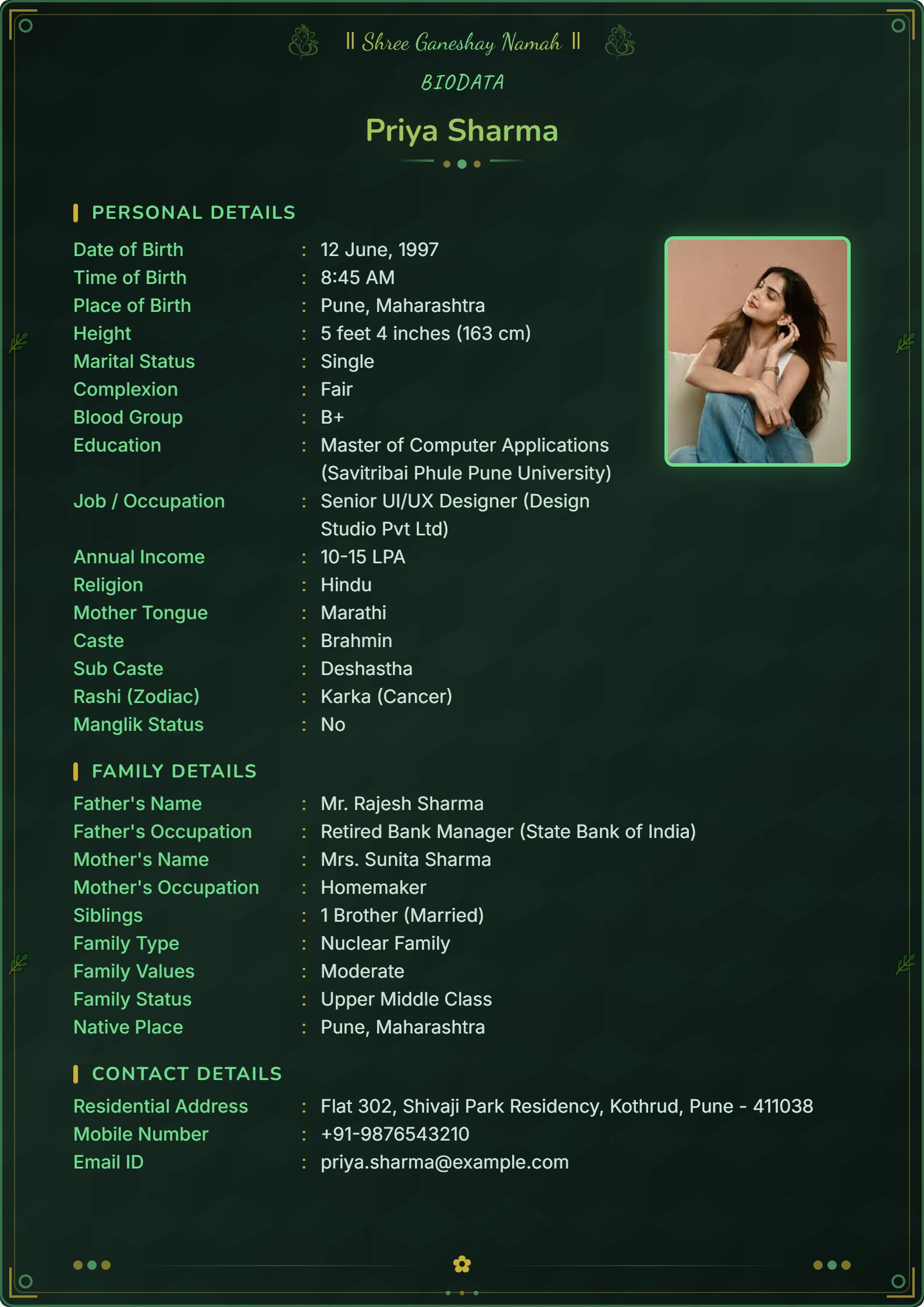 Wedding biodata format for girl sample 1